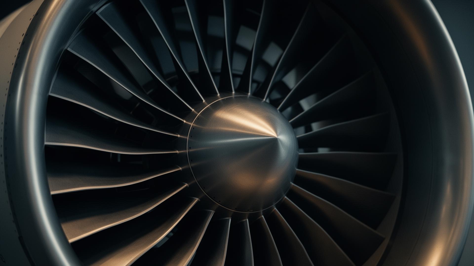 Turbofan engine, brushed titanium fan blades catching directional light