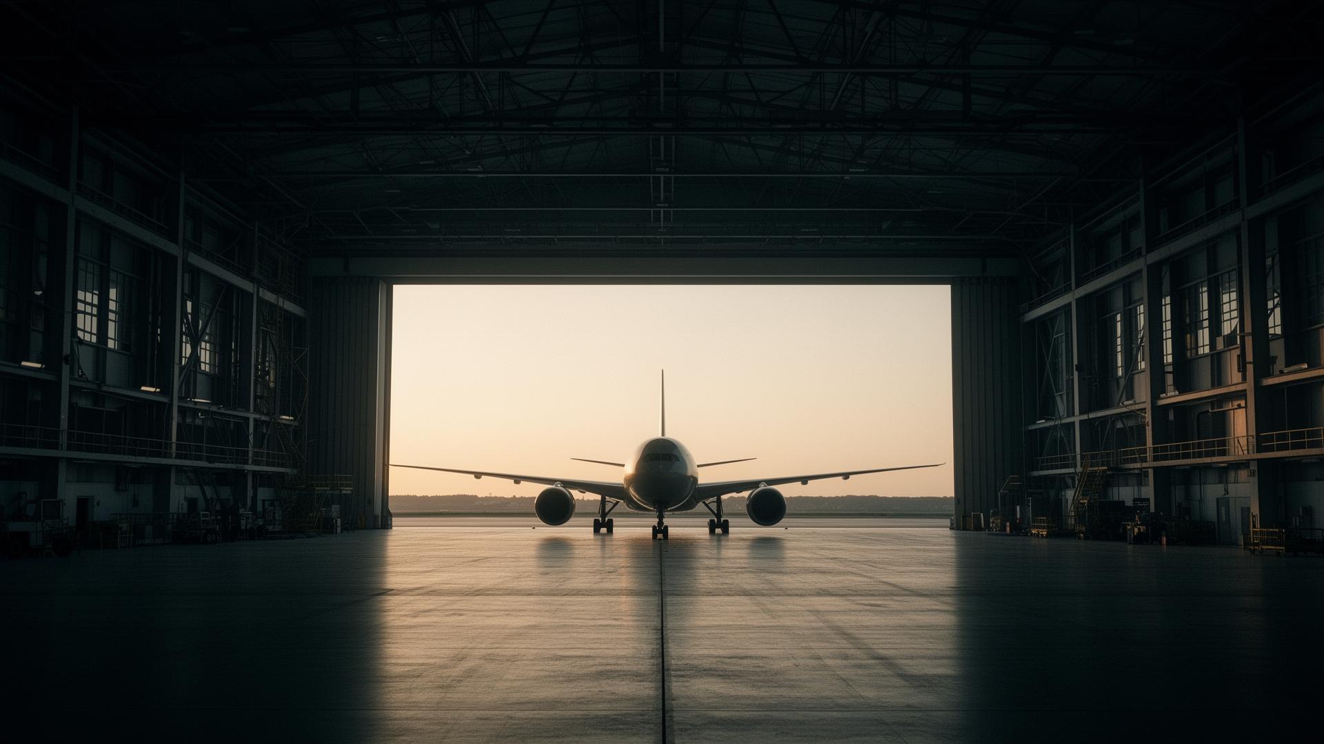 Vast hangar at dawn, a single aircraft held in soft light