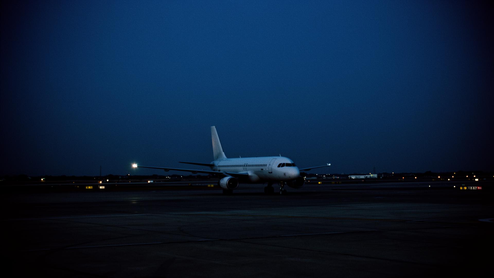 An aircraft at rest on a quiet apron at blue hour